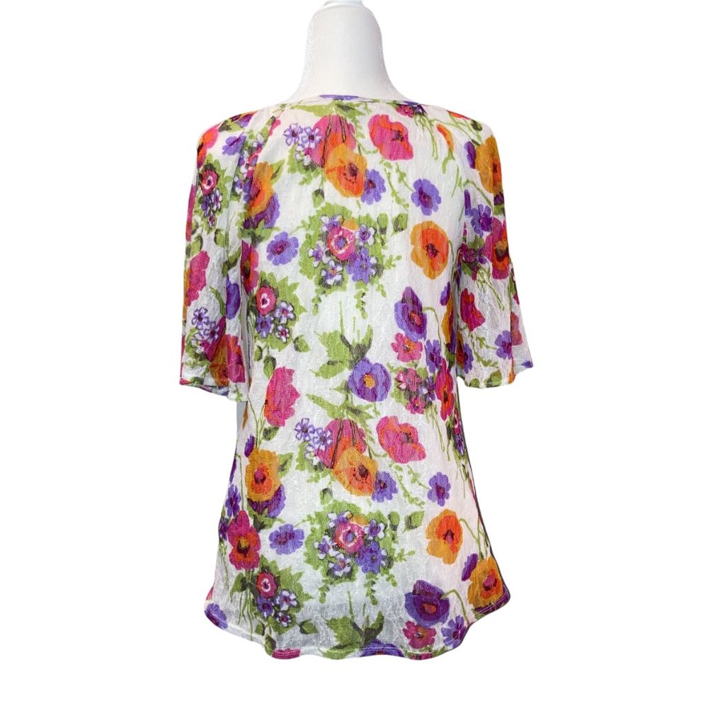 Rafaella Boho Slit Shoulder Floral Lace Sheer Short Sleeve V-Neck Blouse - Picture 2 of 5